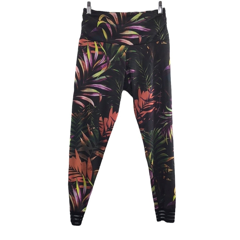 Onzie Flow Black Green Tropical Leaves Print Ankle Cropped Leggings Womens Med L